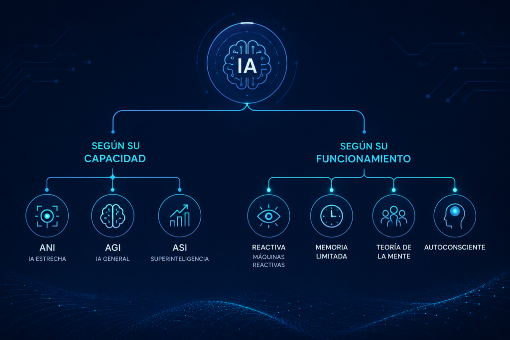 Diagrama que muestra los diferentes tipos de Inteligencia Artificial según su capacidad y funcionamiento.
