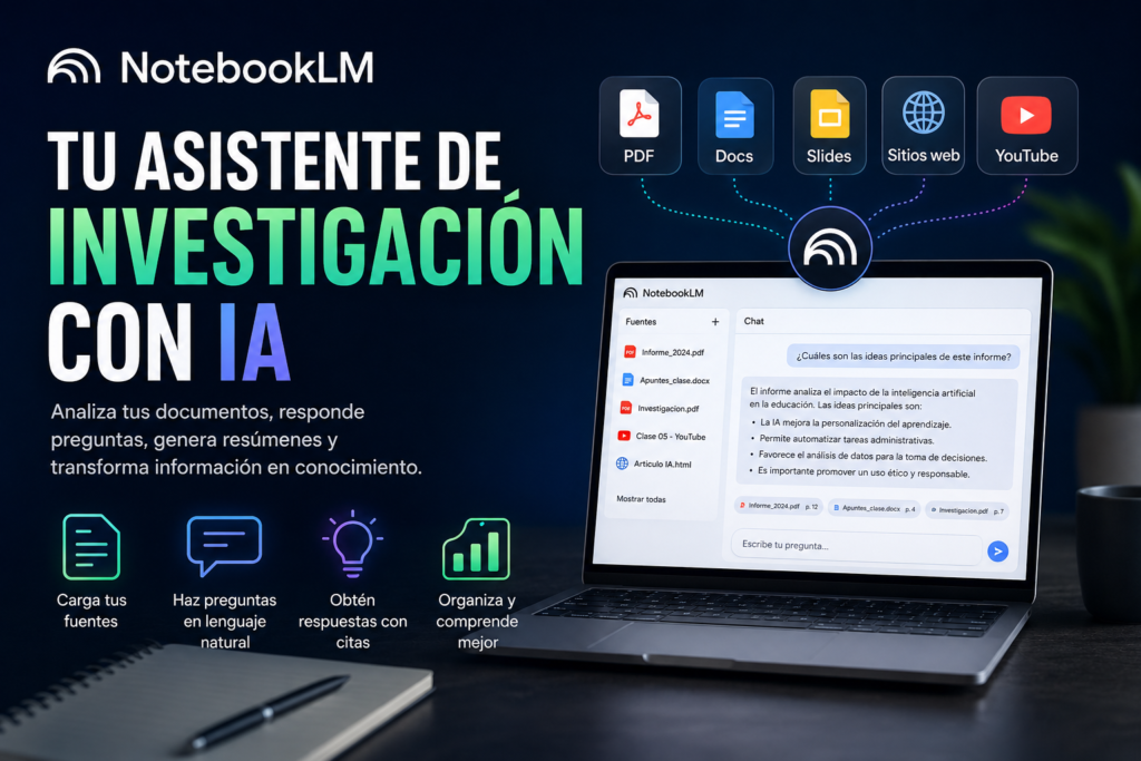Imagen ilustrativa de NotebookLM, la herramienta de inteligencia artificial de Google para analizar documentos, estudiar y organizar información mediante IA.