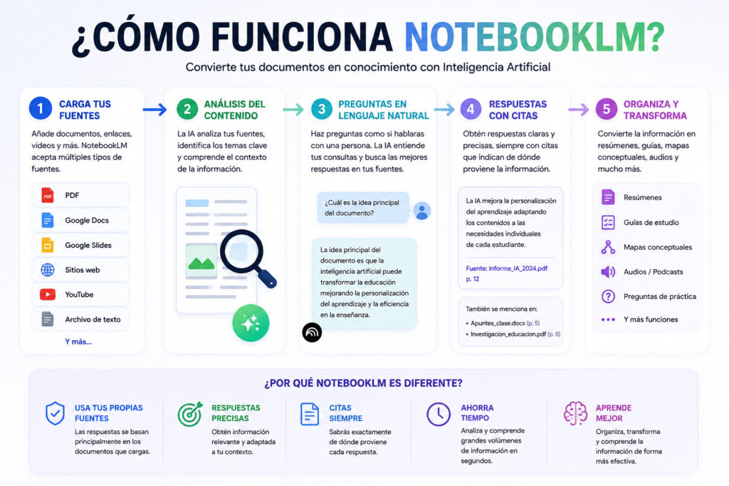 Infografía que explica cómo funciona NotebookLM, mostrando el proceso desde la carga de documentos hasta el análisis con inteligencia artificial, las respuestas con citas y la organización de la información.