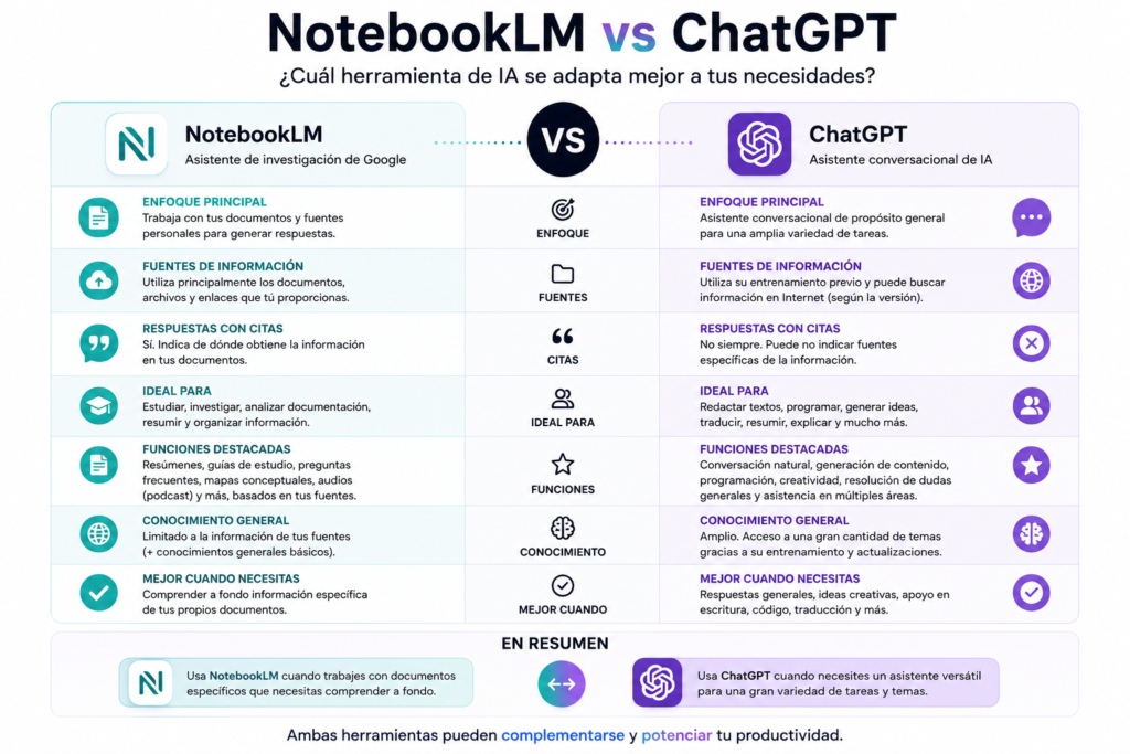 Infografía comparativa de NotebookLM vs ChatGPT que muestra sus diferencias, funciones, ventajas y los casos en los que conviene utilizar cada herramienta de inteligencia artificial.