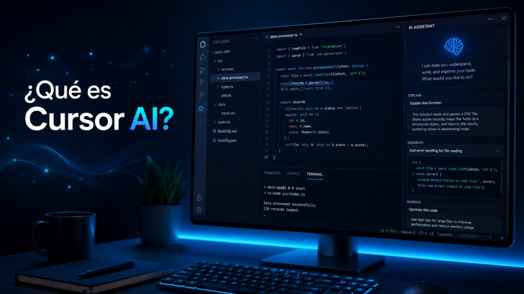 Imagen de un editor de código con inteligencia artificial que representa cómo funciona Cursor AI para programar, explicar y mejorar código.