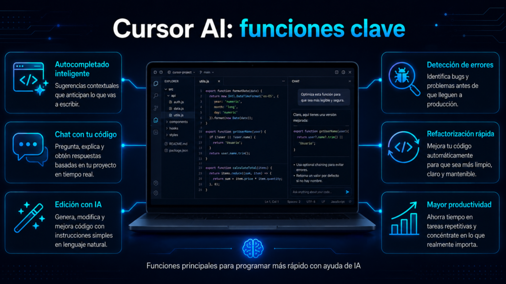 Infografía sobre las funciones principales de Cursor AI, como autocompletado inteligente, chat con el código, edición con IA, detección de errores y refactorización.