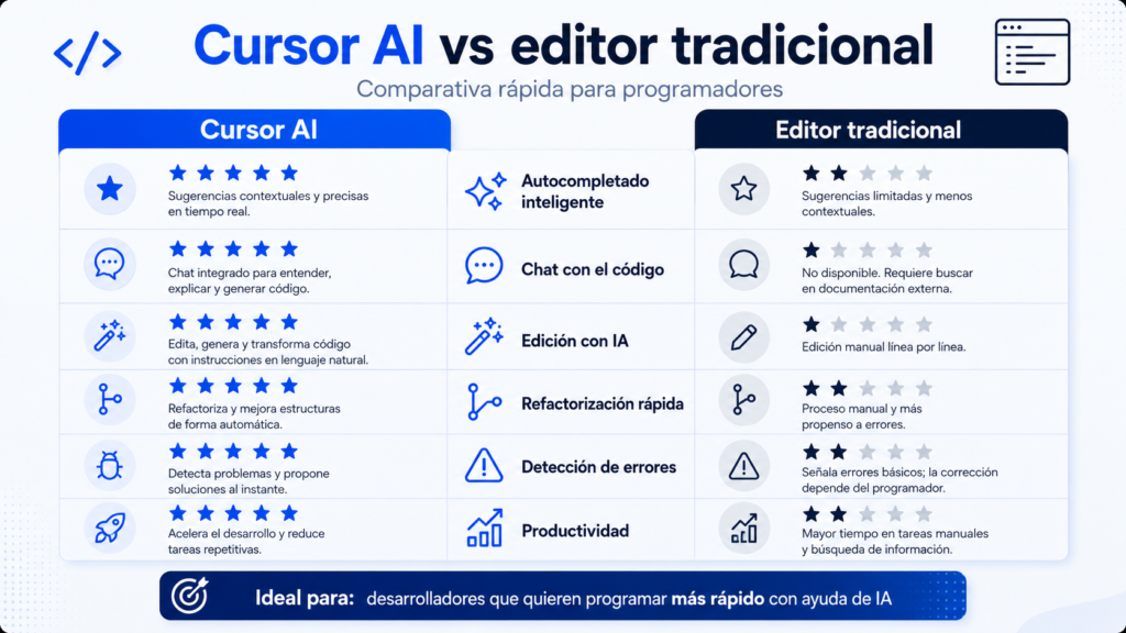 Comparativa visual entre Cursor AI y un editor de código tradicional según autocompletado, chat, edición con IA, detección de errores y productividad.