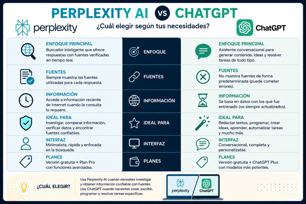Comparativa entre Perplexity AI y ChatGPT mostrando sus diferencias en fuentes, información, usos, interfaz y planes disponibles.
