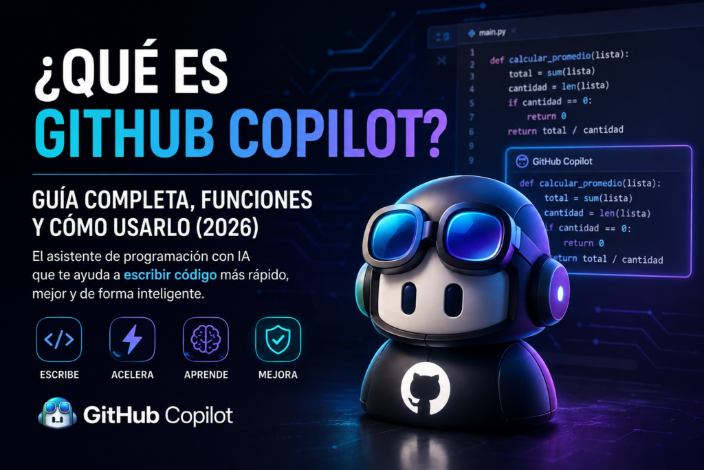 Imagen ilustrativa de GitHub Copilot, el asistente de programación con inteligencia artificial que ayuda a escribir código de forma más rápida y eficiente.