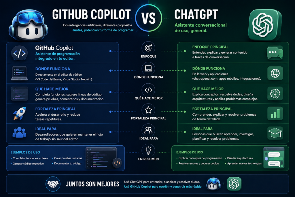 Infografía comparativa de GitHub Copilot vs ChatGPT que explica sus principales diferencias, funciones, fortalezas y cuándo conviene utilizar cada herramienta de inteligencia artificial.