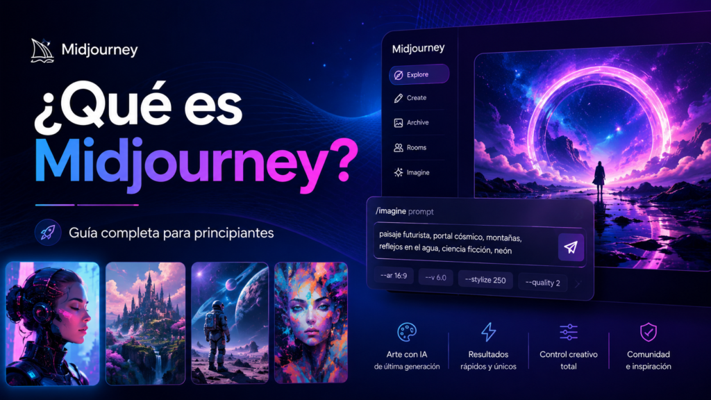 Portada sobre qué es Midjourney, con una interfaz de generación de imágenes por IA, un prompt y varios ejemplos visuales futuristas.