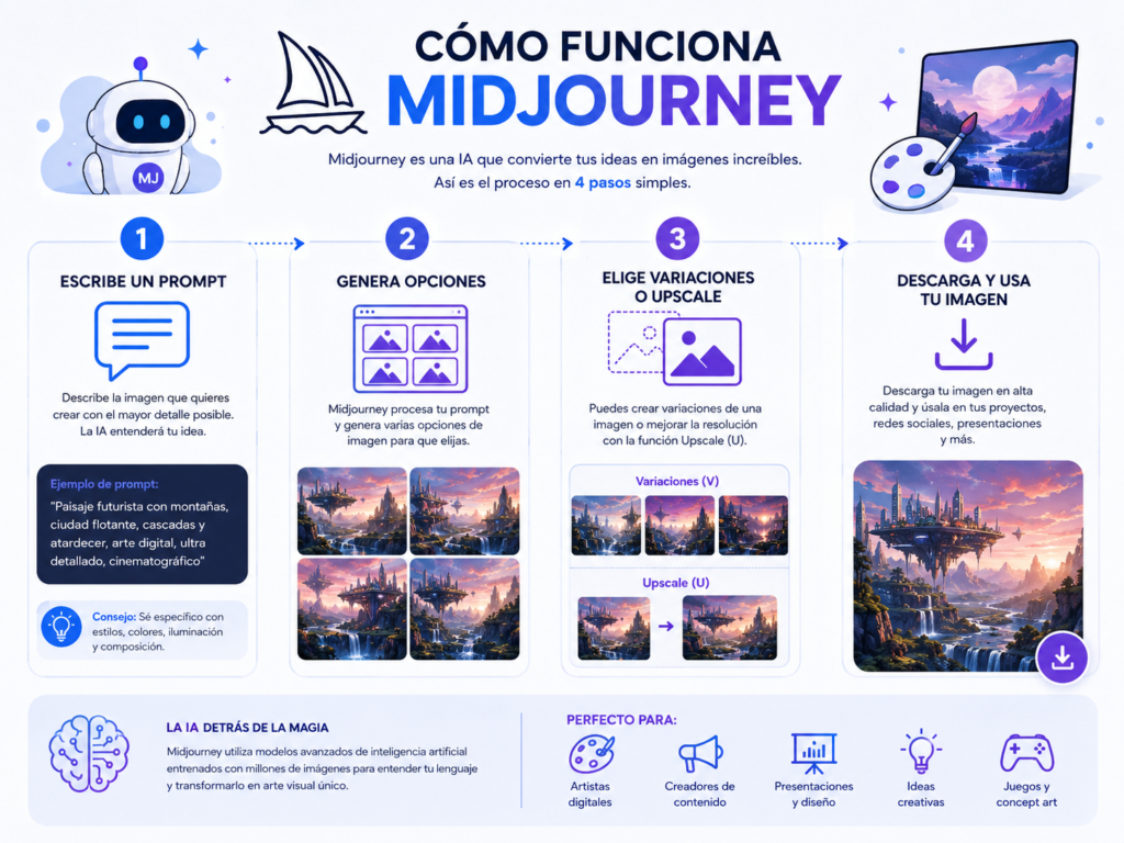 Infografía que explica cómo funciona Midjourney en cuatro pasos: escribir un prompt, generar opciones, elegir variaciones y descargar la imagen.