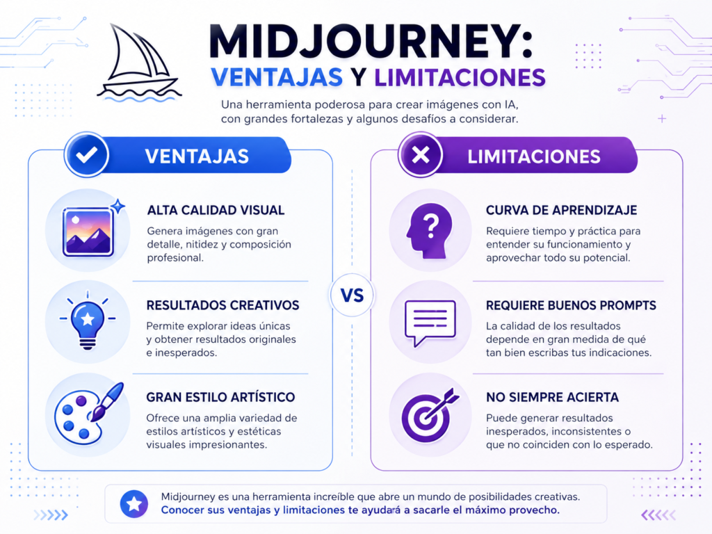 Infografía comparativa sobre las ventajas y limitaciones de Midjourney, como calidad visual, creatividad, curva de aprendizaje y necesidad de buenos prompts.