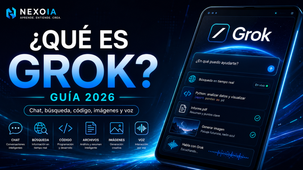 Usá este ALT para la imagen destacada: > Imagen destacada sobre qué es Grok, el asistente de inteligencia artificial de xAI, con funciones de chat, búsqueda en tiempo real, programación, análisis de archivos, generación de imágenes y voz.