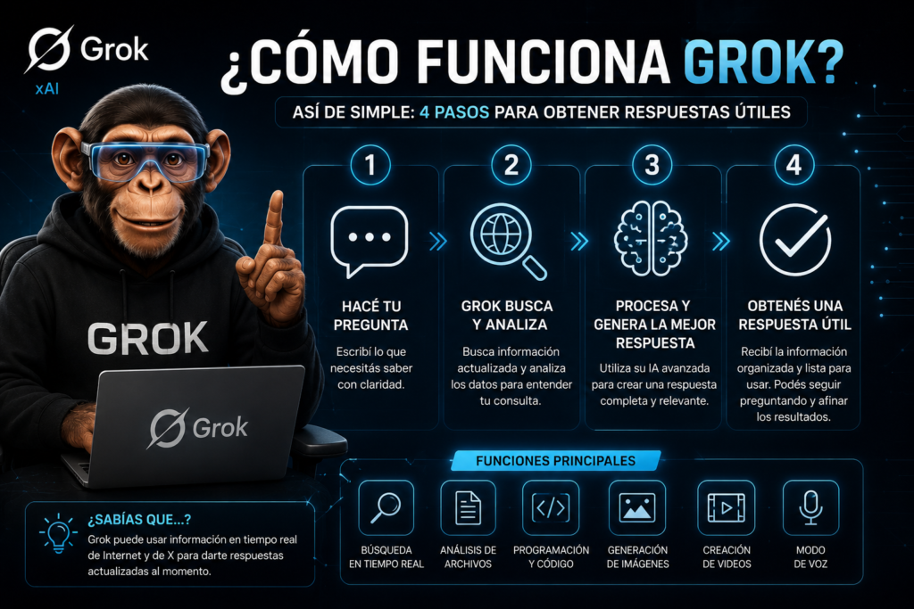 Usá este ALT:

> Infografía que explica cómo funciona Grok en cuatro pasos: hacer una pregunta, buscar y analizar información, procesar la consulta con inteligencia artificial y generar una respuesta útil.
