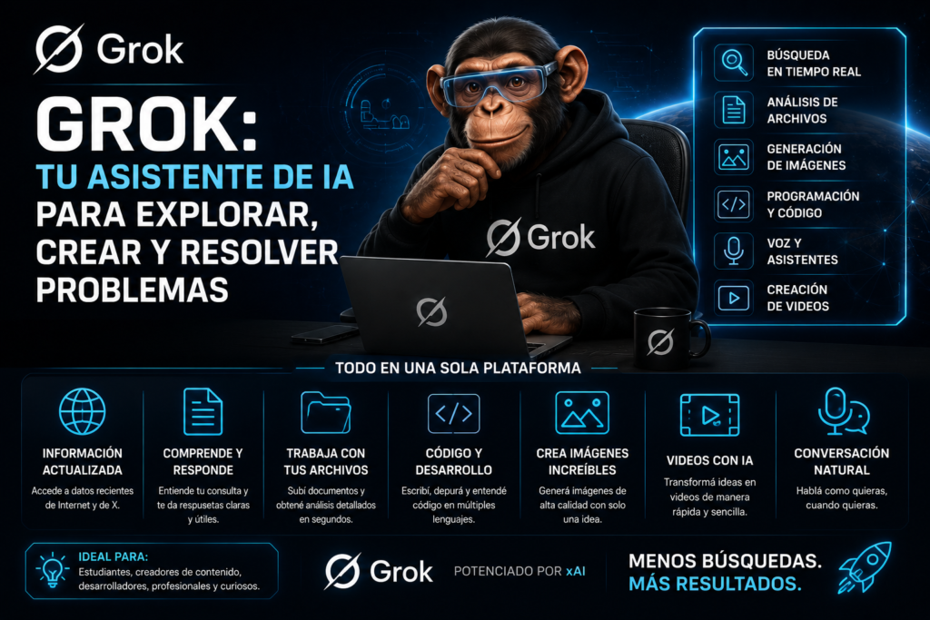 Usá este ALT:

> Infografía sobre las principales funciones de Grok, como búsqueda en tiempo real, análisis de archivos, programación, generación de imágenes y videos y conversaciones por voz.
Usá este ALT:

> Infografía sobre las principales funciones de Grok, como búsqueda en tiempo real, análisis de archivos, programación, generación de imágenes y videos y conversaciones por voz.

